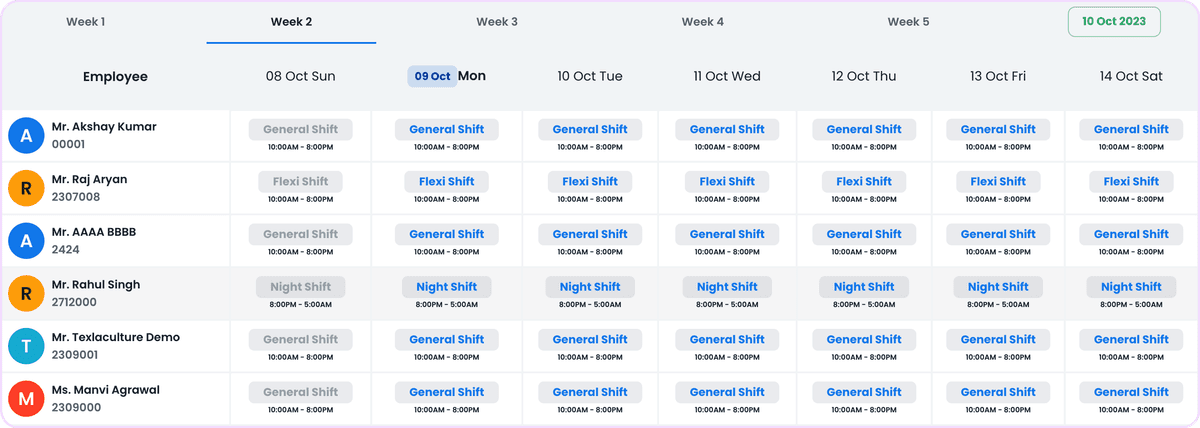 Complete team shift roster view at a glance
